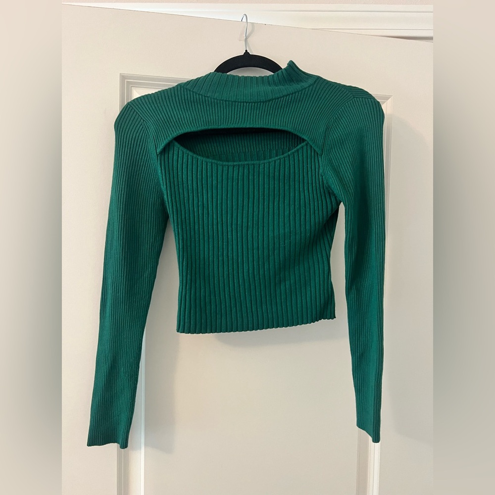 Green Ribbed Cutout Long Sleeve Top